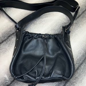{ Hammitt } Cooper Medium Black Leather/Gunmetal Drawstring Bucket Crossbody Bag